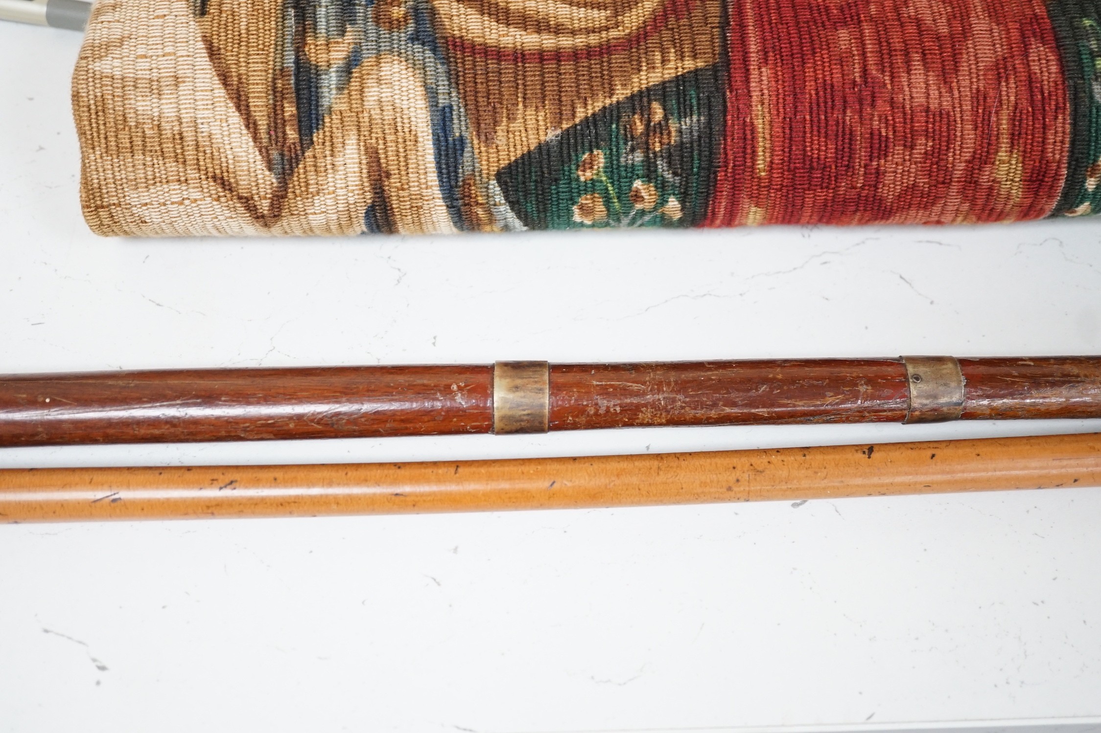A yellow metal overlay topped walking stick, 91cms long and another (2)